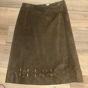 Vintage J Crew Leather Pencil Skirt Brown Laser Cut Hem Suede Western Hippie 10